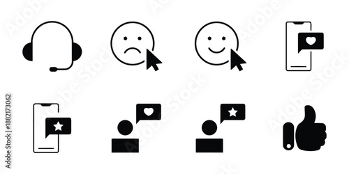Collection of Vector Icons Representing Customer Support Feedback with Headset, Happy, Sad, Thumbs Up, Person Rating and Receiving Notifications on Smartphone