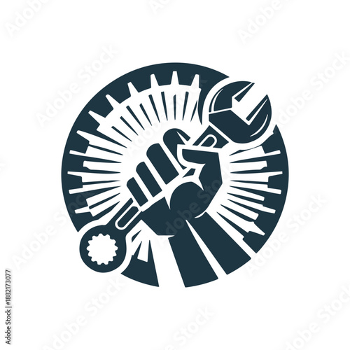 A strong hand gripping a wrench against a backdrop of mechanical gears and rays of light