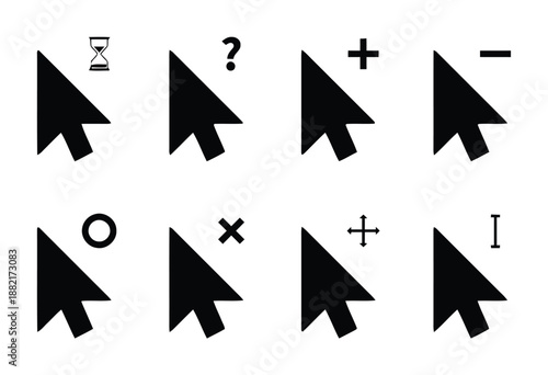 Computer mouse cursor arrow set with various status symbols including loading wait help add remove delete move text select resize pointer icons for software interface navigation web design elements