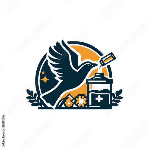 A stylized dove injecting a vaccine into a medical container surrounded by flowers and a sun