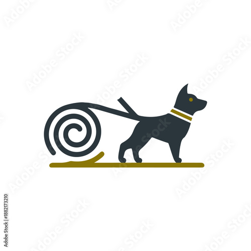 A stylized dog silhouette with a spiral leash, representing pet walking in a minimalist design