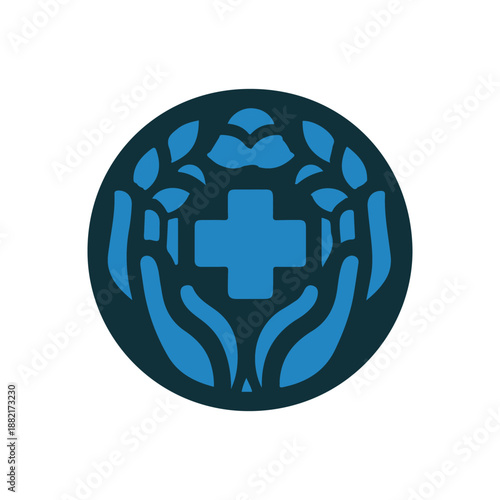 A stylized emblem featuring hands cradling a medical cross surrounded by leaves, symbolizing care and health