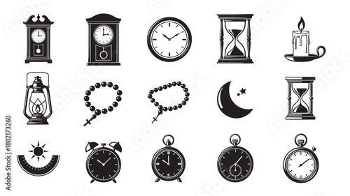 Vintage Clocks and Timekeeping Devices in Monochromatic Illustrations with Soft Lighting for Time Management