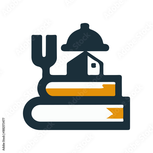 A stylized illustration of stacked books with a house and a cloche, symbolizing knowledge and nourishment