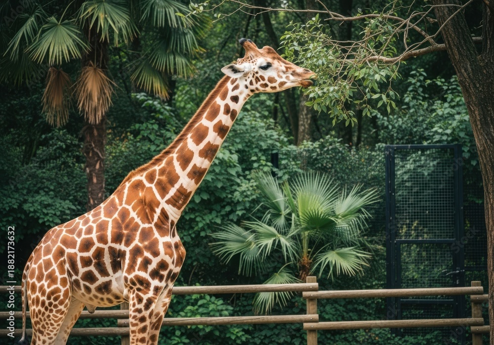 Fototapeta premium A giraffe with distinctive brown spots stands tall in a lush green enclosure at a zoo or wildlife park