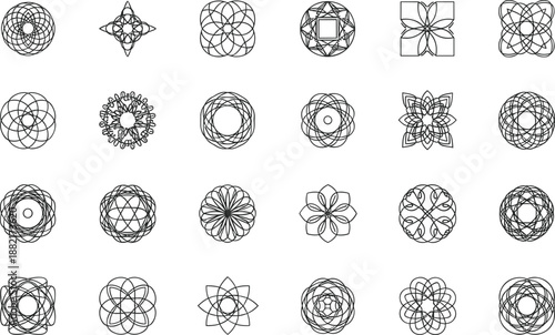 Set of Intricate Geometric Mandala Vector Symbols and Spirograph Ornaments