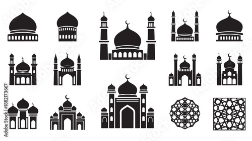 Islamic Architectural Elements Silhouettes in Modern Minimalist Style with Black and White Color Scheme on White Background for Cultural Heritage