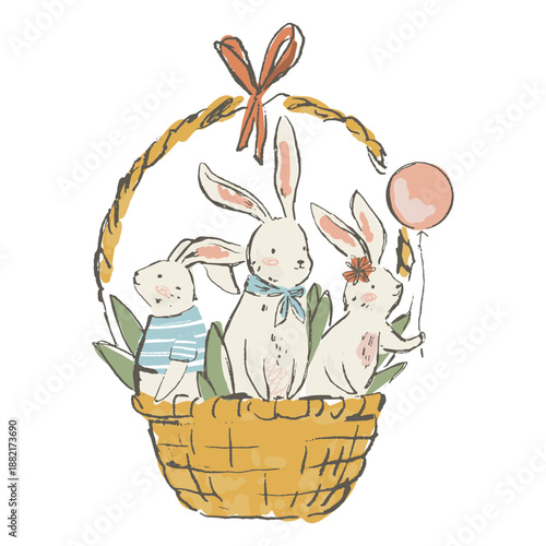 Cute easter bunnies in basket illustration