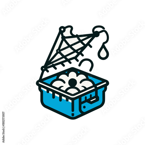 A vibrant illustration of a bucket filled with soapy bubbles, under a dripping faucet, symbolizing cleanliness and household chores