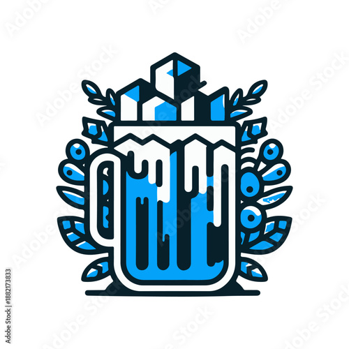 A vibrant illustration of a frothy beer mug with ice cubes, surrounded by decorative leaves