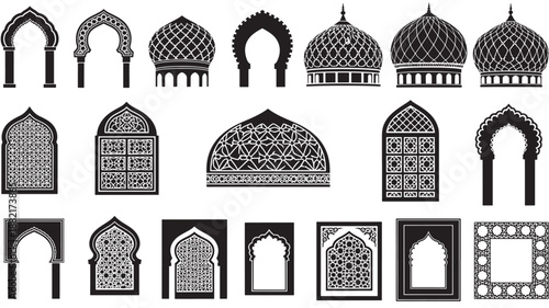 Architectural Arches and Domes Collection in Monochromatic Illustrations with Geometric Patterns for Graphic Design