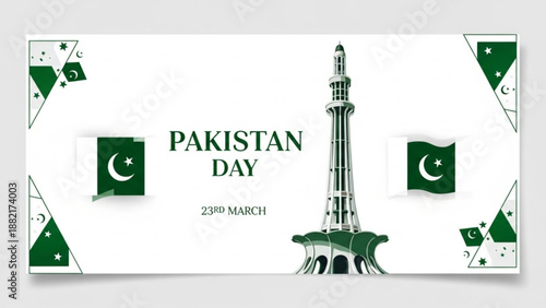 Pakistan day celebration with minar e pakistan monument and flags