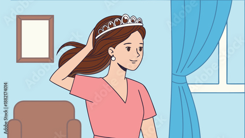 Young woman wearing a tiara styling her hair in a living room