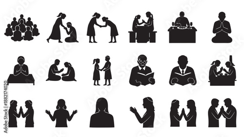 Silhouette people praying in various postures in minimalist black and white illustration for spiritual icon set
