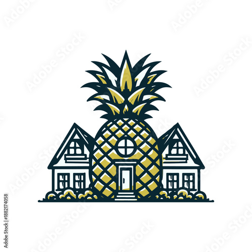 A whimsical illustration of a house topped with a large pineapple, set against a simple background