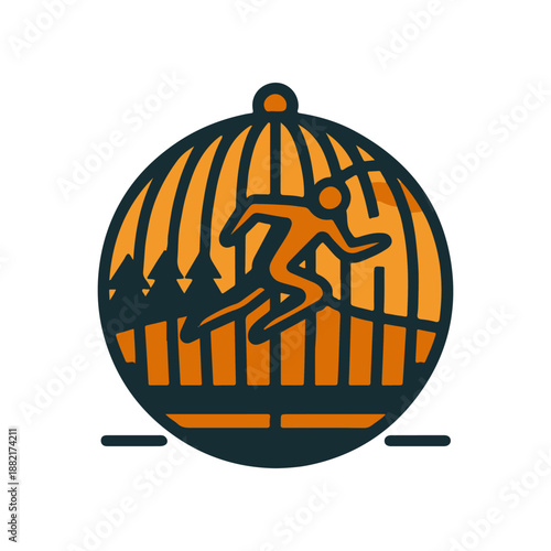 Abstract illustration of a person running inside a stylized cage, symbolizing freedom and confinement