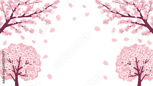 Pink cherry blossom trees with falling petals on white background