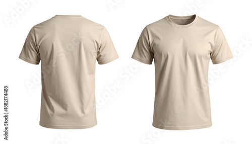 A light tan t-shirt, front and back views, isolated on a black background, plain