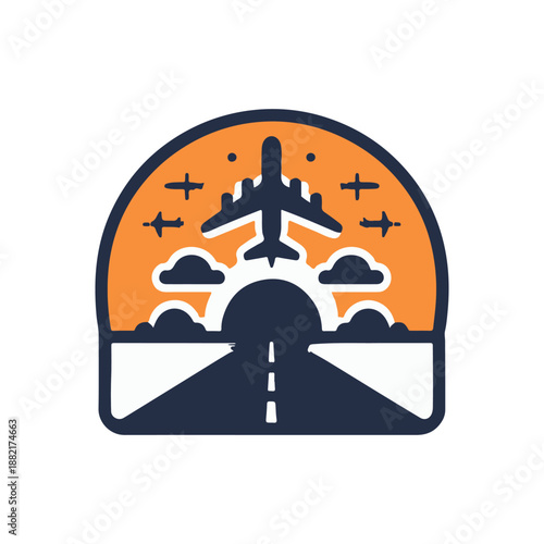 Airplane taking off at sunset over a runway with clouds and flying planes in background