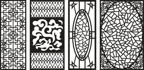 Intricate black and white geometric jali patterns with various