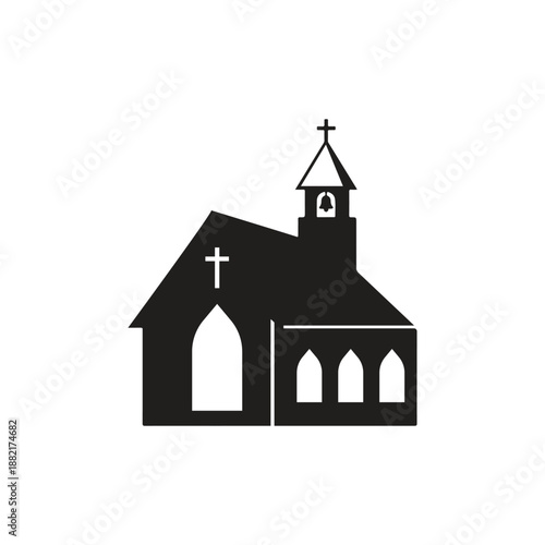Church Building Icon logo silhouette, christian Religious Architecture with Steeple, Bell, and Cross Symbols.