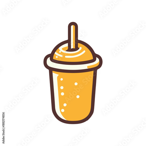 Bright yellow slushy drink in a cup with a straw, set against a simple white background