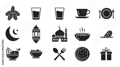 Ramadan Icons Set in Simple Black Silhouette with White Background for Cultural Celebration