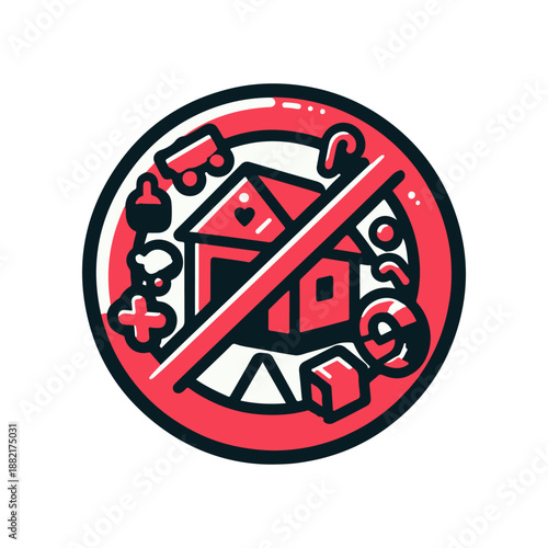 Circular prohibition sign featuring a house illustration surrounded by playful icons, symbolizing restrictions on clutter
