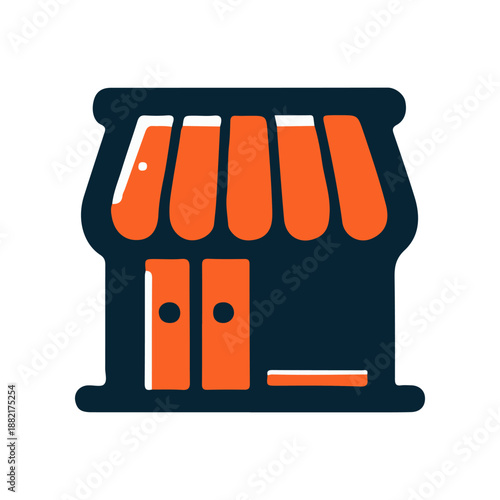Colorful illustration of a small shop with orange awning and doors, set against a simple background
