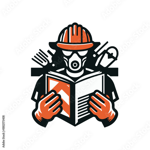 Construction worker in safety gear reading a manual, tools in the background, focused on safety
