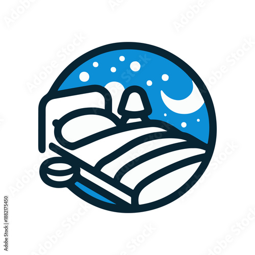 Cozy bedroom scene at night featuring a bed, lamp, and starry sky in the background