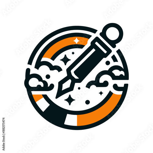 Creative design featuring a fountain pen in space with swirling clouds and stars