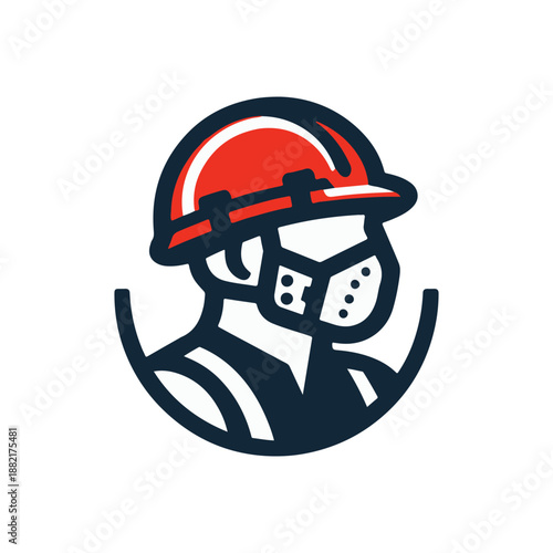Construction worker wearing a helmet and mask, emphasizing safety in a vibrant urban setting