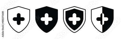Four medical shields with cross illustration isolated on white background security for health and protection from diseases concept vector graphic illustration