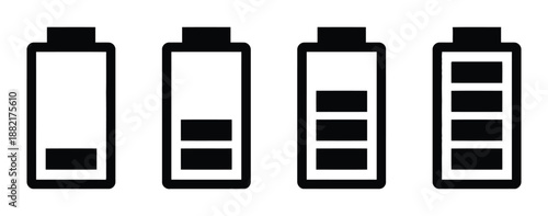Four batteries with different charge level illustration isolated on white background battery power indicator battery charging status symbol vector graphic