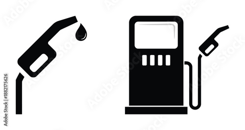 Fuel nozzle and gas pump icon set representing filling vehicles at station for safe and efficient energy use in transportation with price display