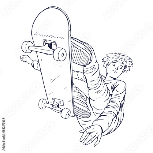 Male skater tricks character hand drawn