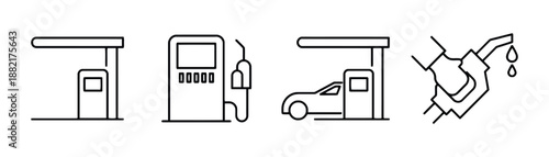Gas Station Icon Set Showing Filling Fuel with Pump Attendant Service Automotive Industry Transportation Energy Gasoline Petrol Refueling Station Sign Vector Art