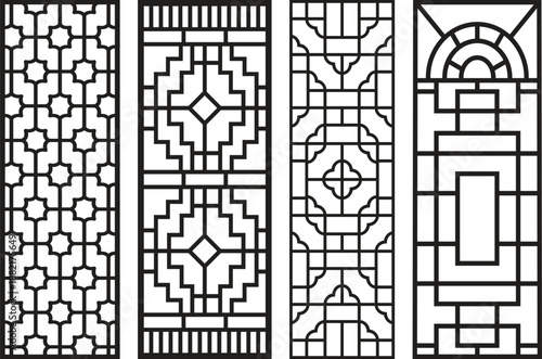 Four black and white jali patterns with geometric and lattice structures