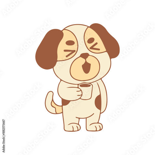 Cute cartoon dog yawning while holding a coffee cup, set against a plain background
