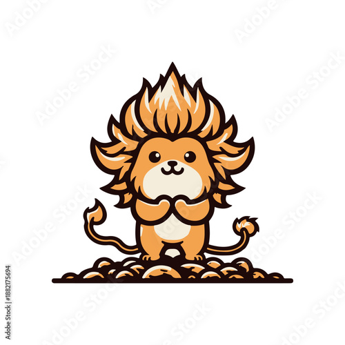 Cute cartoon lion character with a fluffy mane standing on a mound of rocks, smiling cheerfully