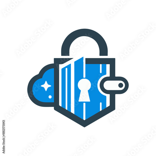 Digital illustration of a secure cloud storage concept featuring a padlock and shield symbolizing protection