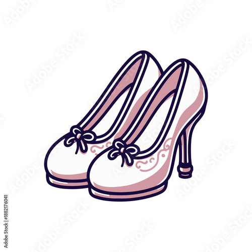 Elegant white high-heeled shoes with decorative bows, set against a simple, clean background