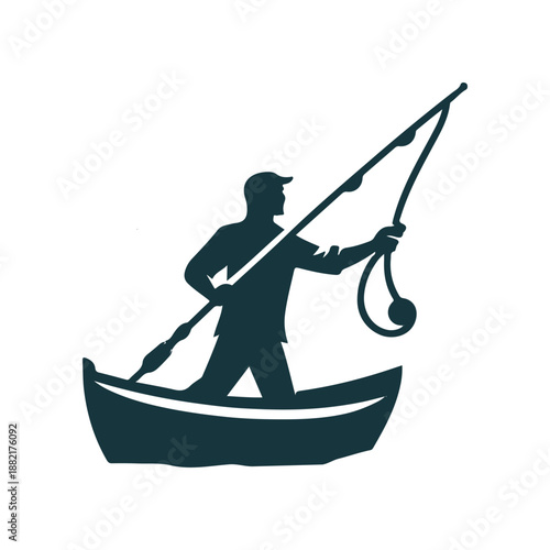 Fisherman casting a line from a small boat on a serene lake at sunset, with mountains in the background