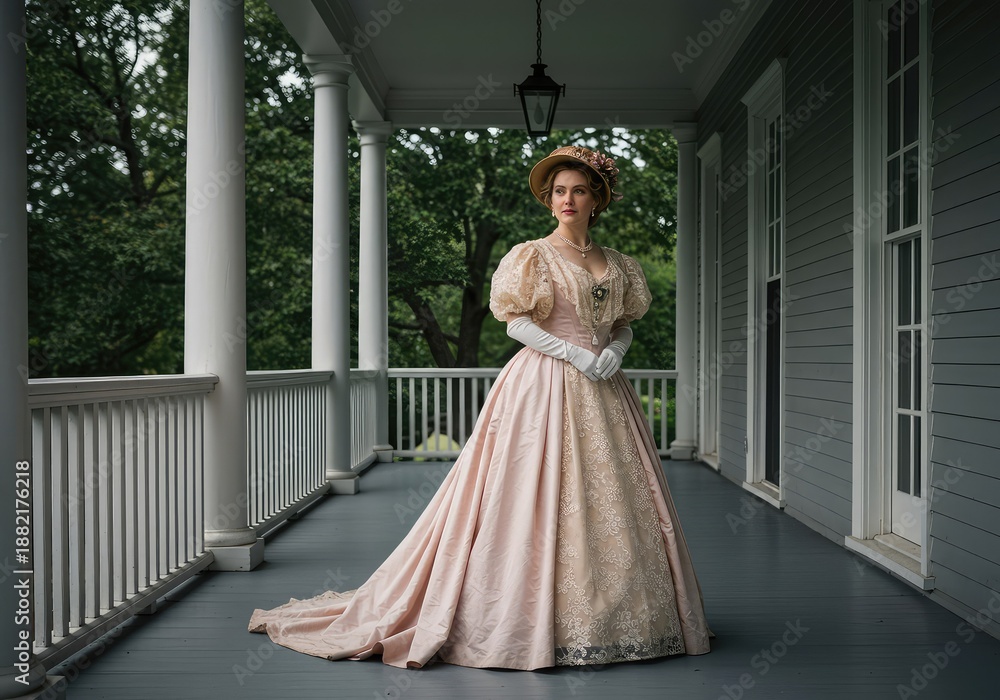 Fototapeta premium Elegant formal wear from a bygone era, featuring a voluminous pastel gown and lace detailing, posed on a grand porch setting ,porch ,refined ,delicate