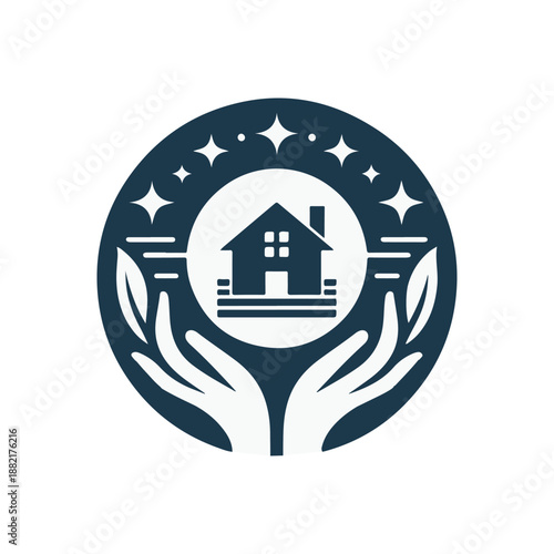 Hands cradling a house symbol within a circular design, representing home protection and care