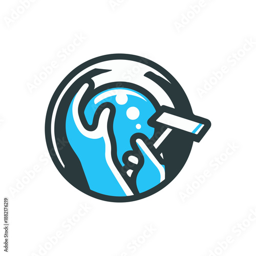 Hands cleaning a glass surface with a scraper, showcasing a bright and modern environment