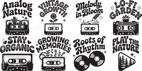Vintage music and nature designs analog cassettes vinyl roots of rhythm garden