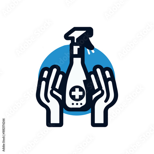 Hands holding a spray bottle for cleaning, set against a blue circular background, symbolizing hygiene