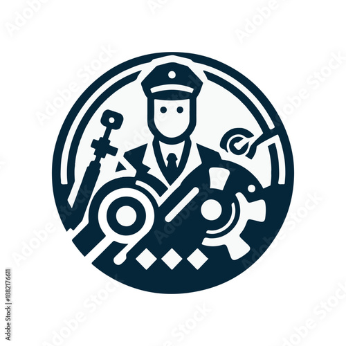 Illustration of a mechanic in uniform holding tools, surrounded by gears and equipment, symbolizing repair